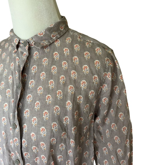 Garnet Hill Gray Floral 100% Linen Floral Button Down Blouse Size 4 - Picture 4 of 12